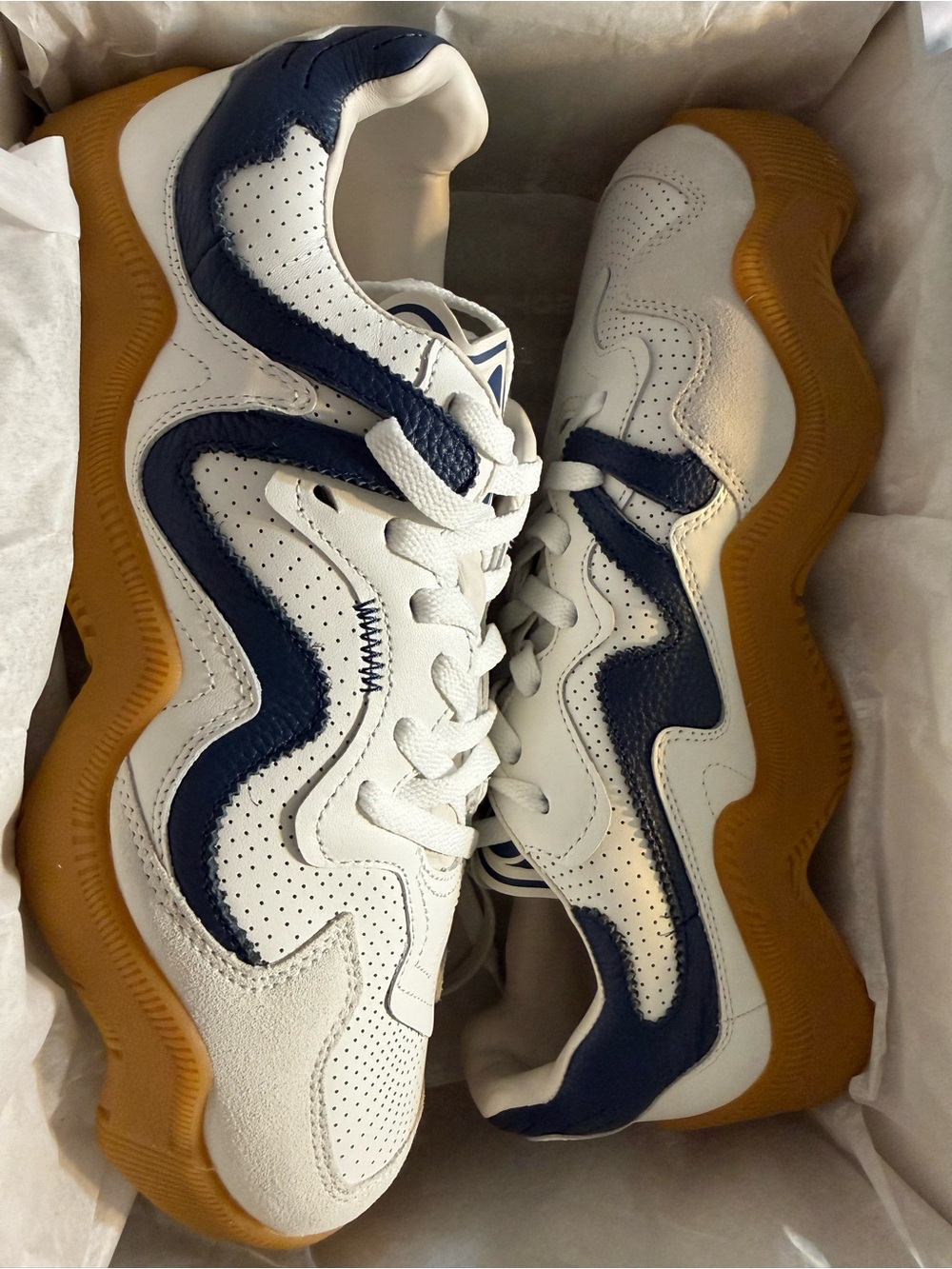New! MSCHF V2.WAV White Navy Wavy-Panel Sneakers with Gum Sole